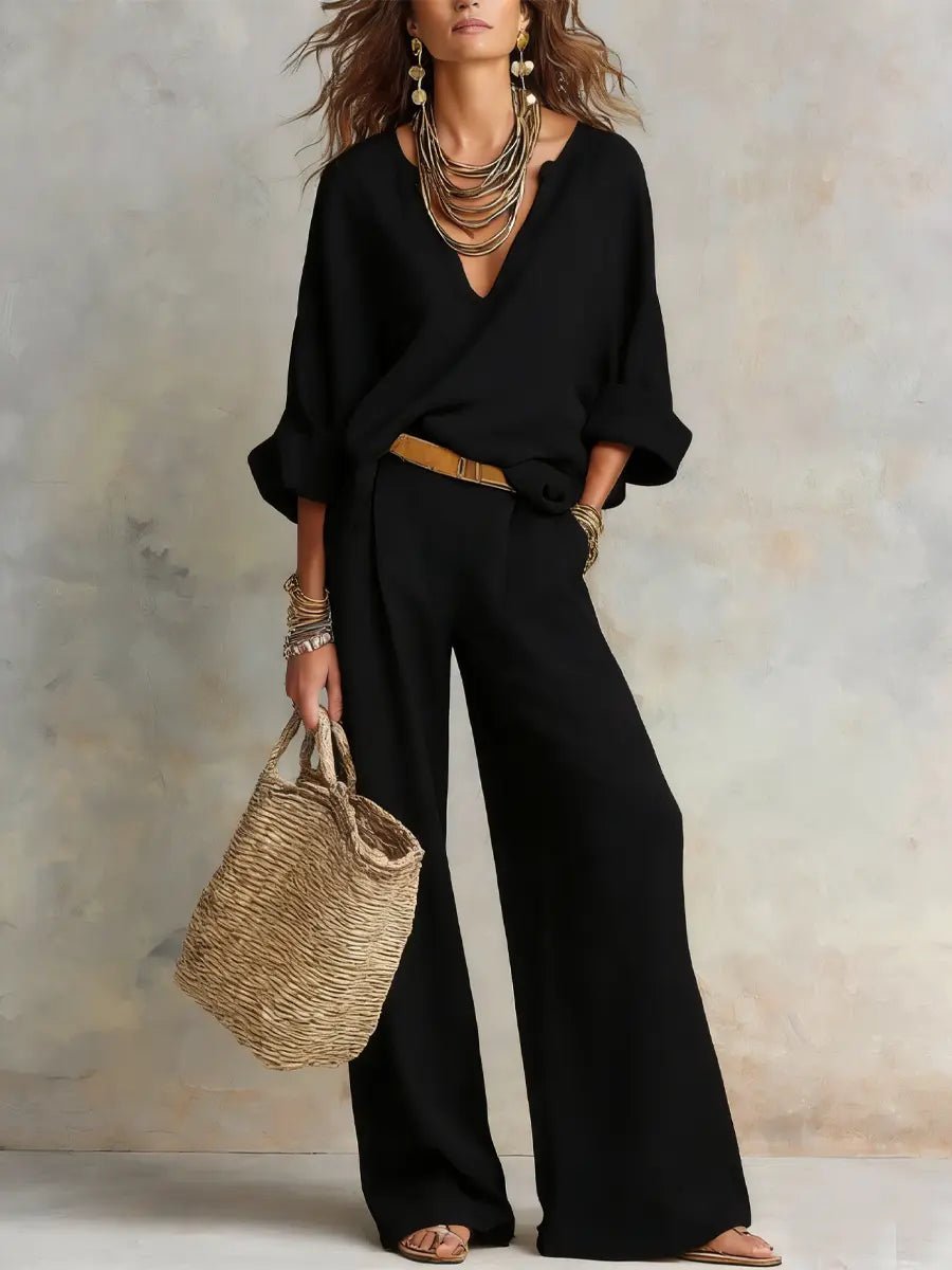 Women’s Two-Piece Pants Set Relaxed V-Neck Wide Leg Style 1