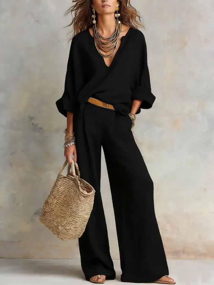 Women’s Two-Piece Pants Set Relaxed V-Neck Wide Leg Style 1