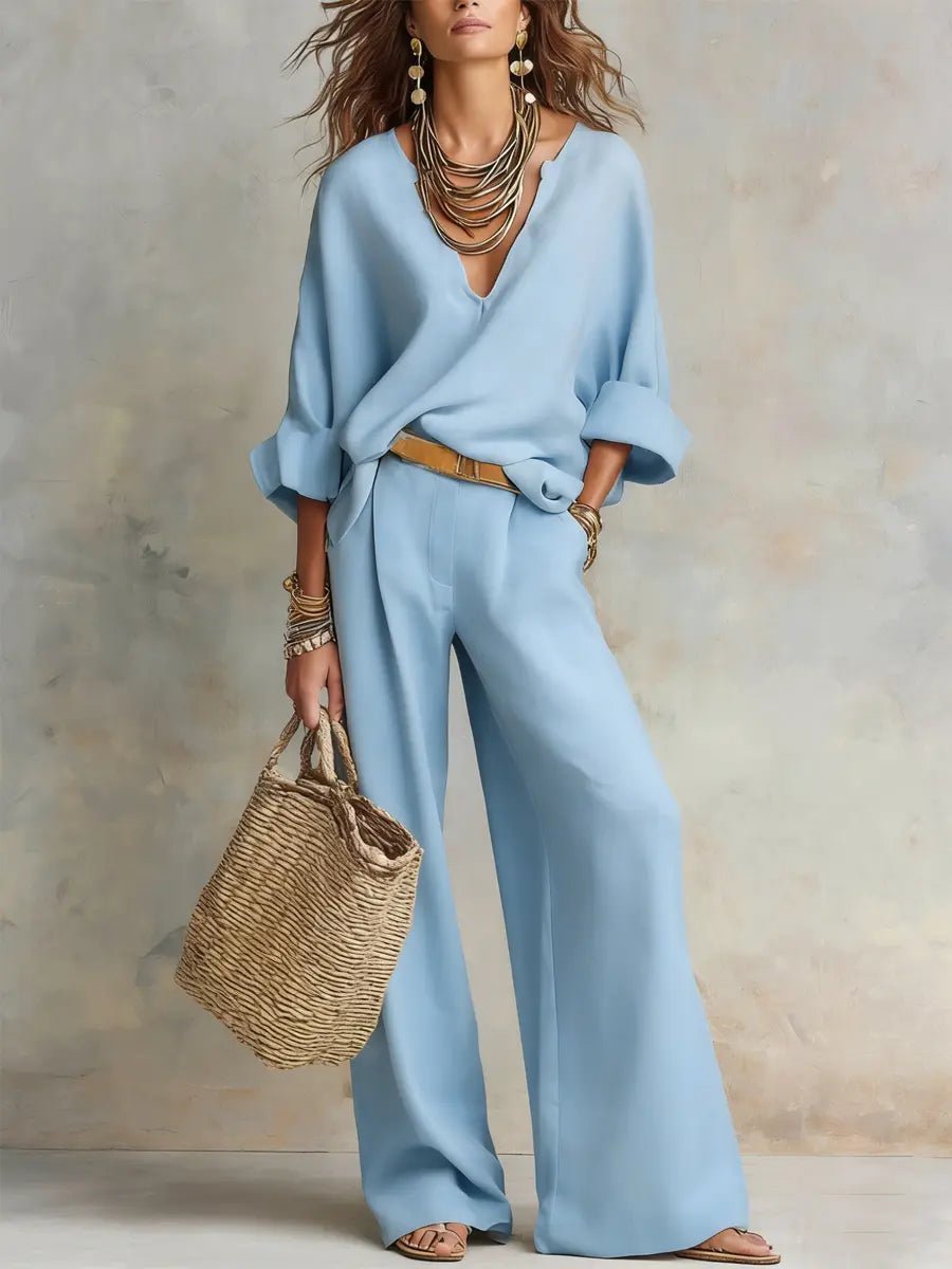 Women’s Two-Piece Pants Set Relaxed V-Neck Wide Leg Style 2