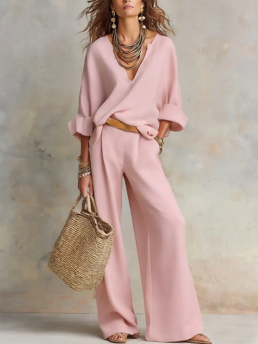 Women’s Two-Piece Pants Set Relaxed V-Neck Wide Leg Style 3
