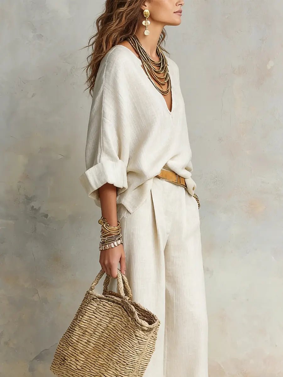 Women’s Two-Piece Pants Set Relaxed V-Neck Wide Leg Style 4
