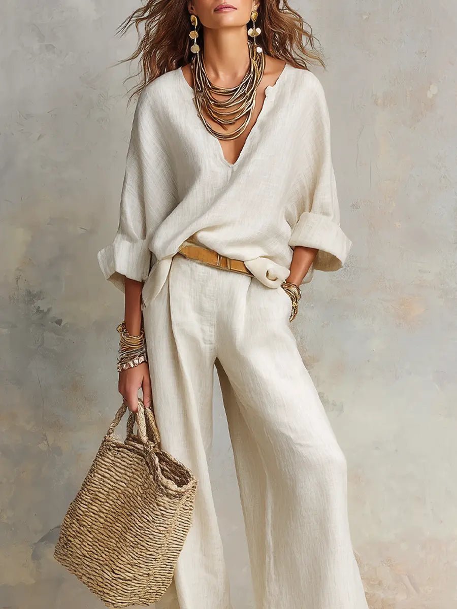 Women’s Two-Piece Pants Set Relaxed V-Neck Wide Leg Style 5