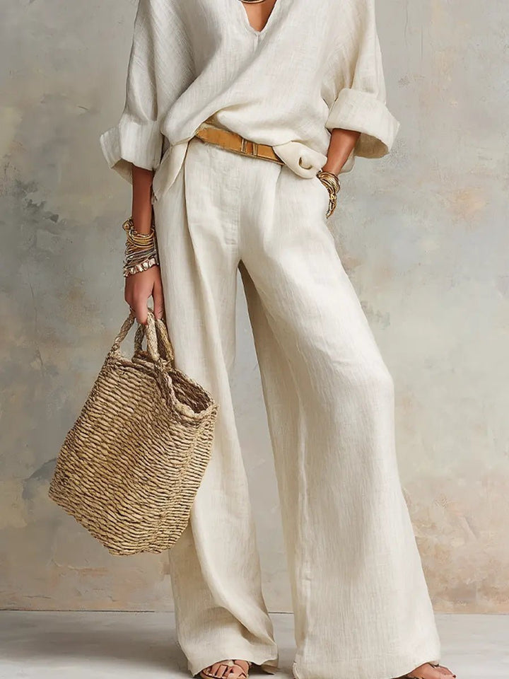 Women’s Two-Piece Pants Set Relaxed V-Neck Wide Leg Style 6