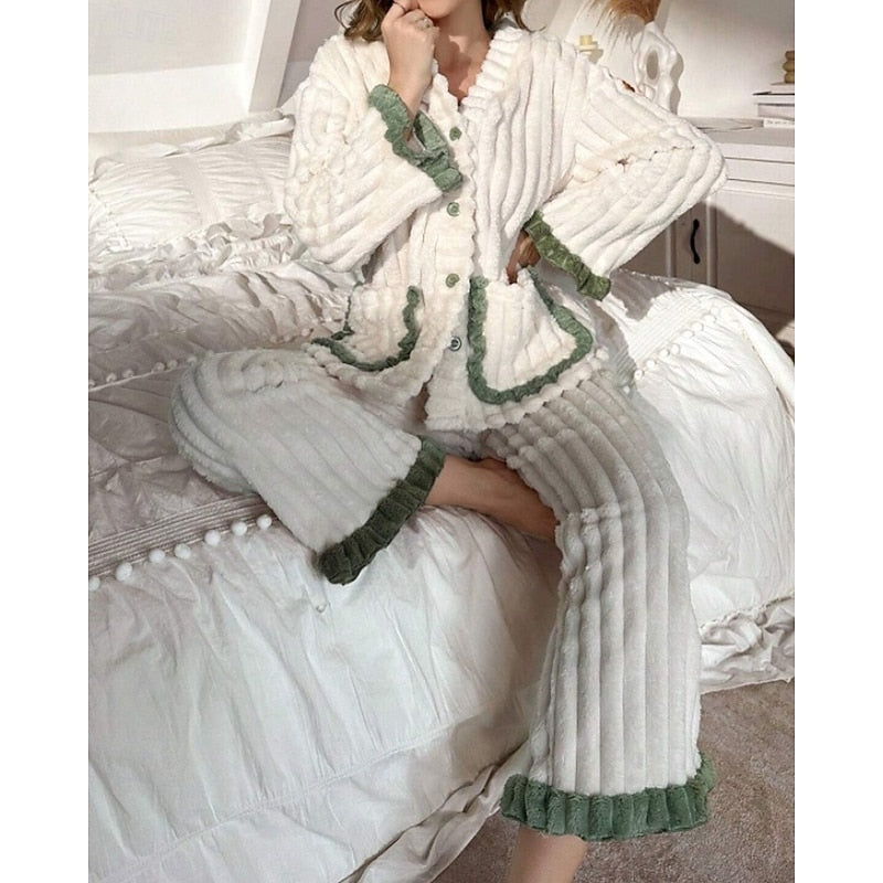 Women’s Two-Piece Set Soft Ruffle-Trim Lounge Wear 1