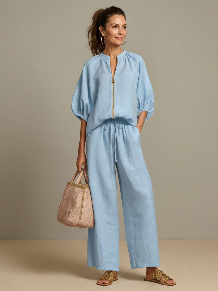 Women’s Two-Piece Zip Front Blouson Top and Wide Leg Trousers Set 0