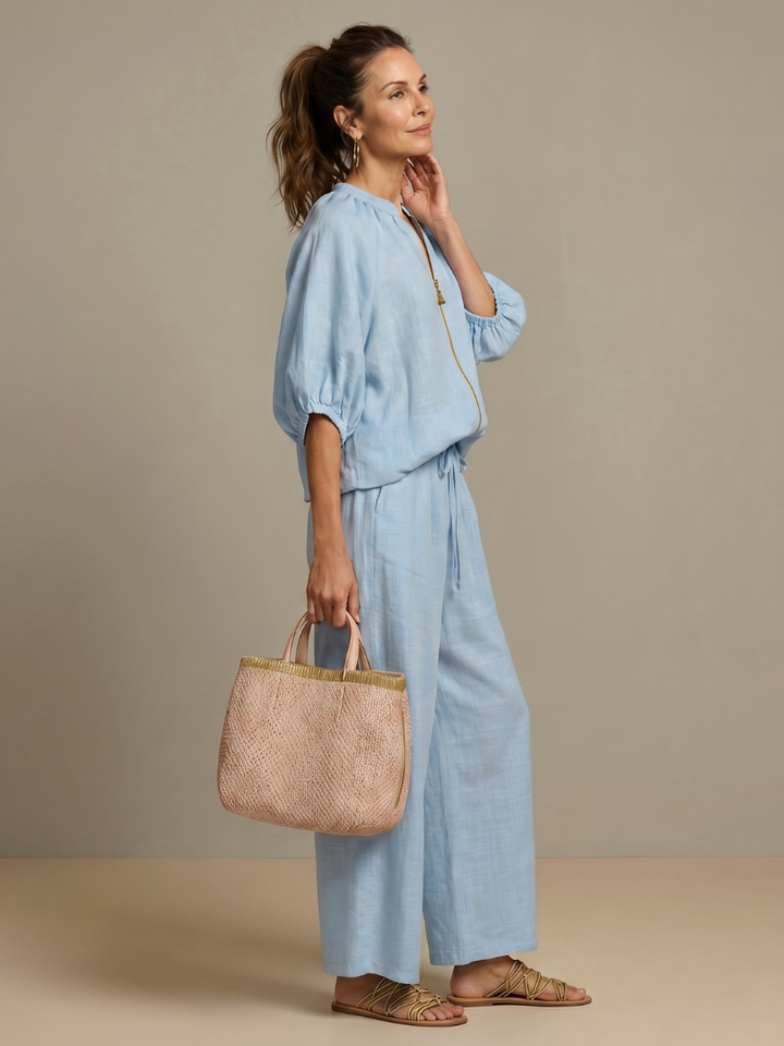 Women’s Two-Piece Zip Front Blouson Top and Wide Leg Trousers Set 1