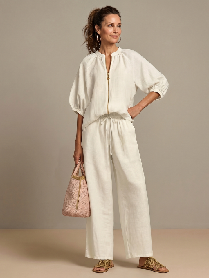 Women’s Two-Piece Zip Front Blouson Top and Wide Leg Trousers Set 10