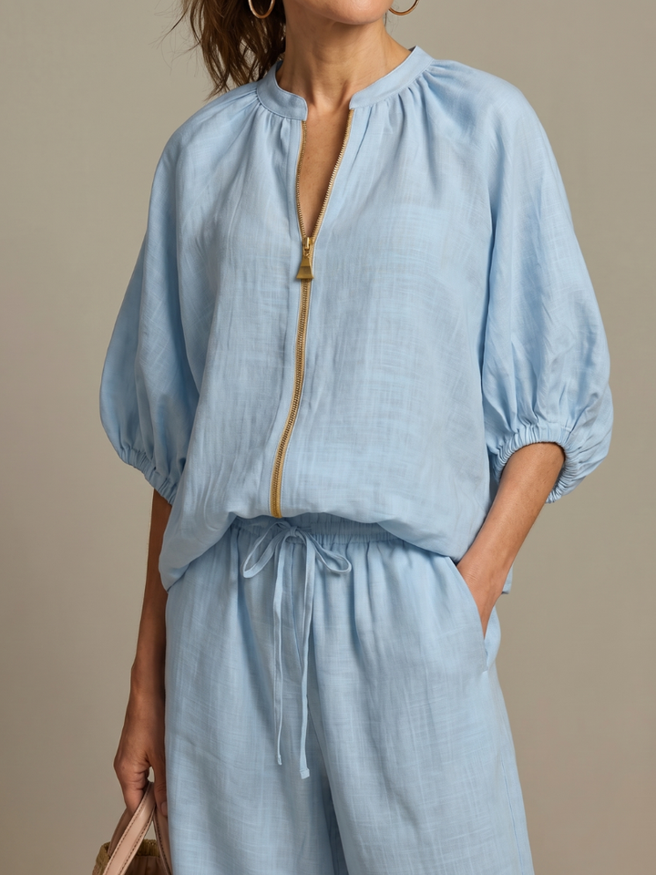 Women’s Two-Piece Zip Front Blouson Top and Wide Leg Trousers Set 2