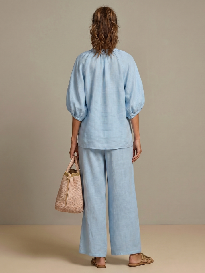 Women’s Two-Piece Zip Front Blouson Top and Wide Leg Trousers Set 3
