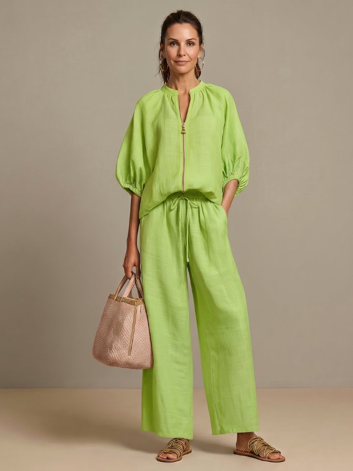 Women’s Two-Piece Zip Front Blouson Top and Wide Leg Trousers Set 6
