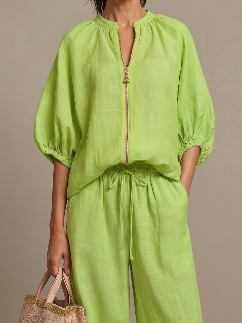 Women’s Two-Piece Zip Front Blouson Top and Wide Leg Trousers Set 8