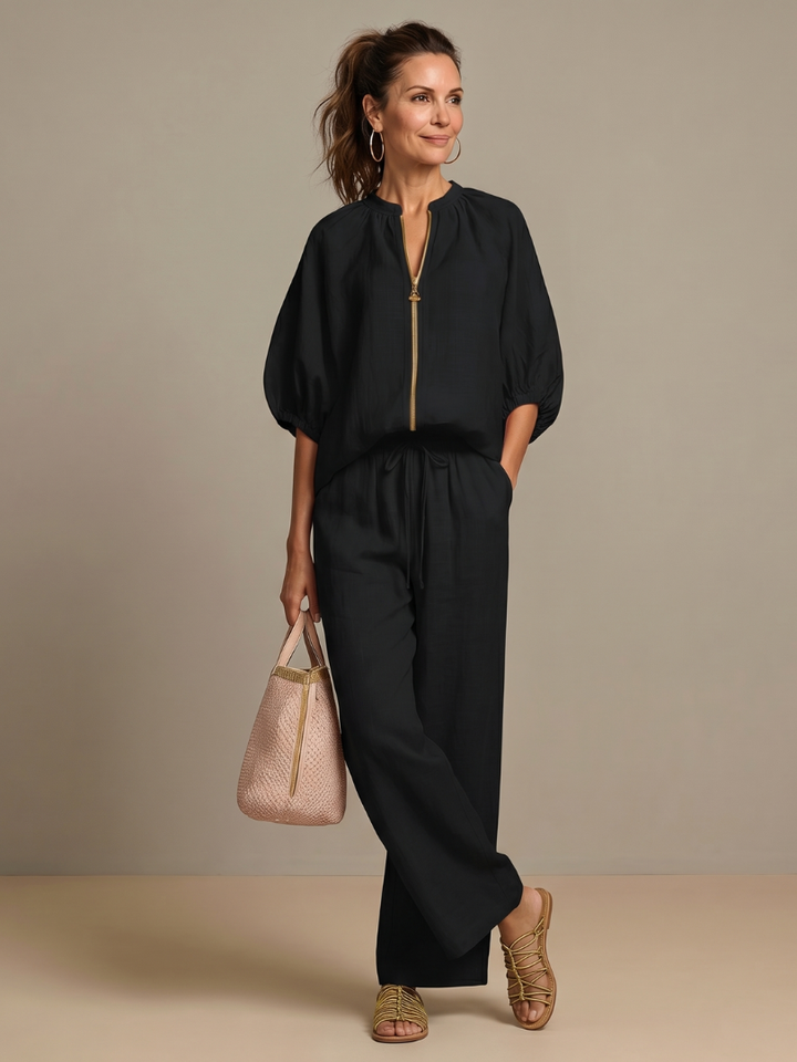 Women’s Two-Piece Zip Front Blouson Top and Wide Leg Trousers Set 9