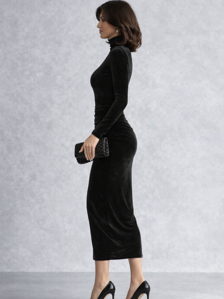 Women’s Velvet Midi Dress Ruched Detail and High Neckline 1