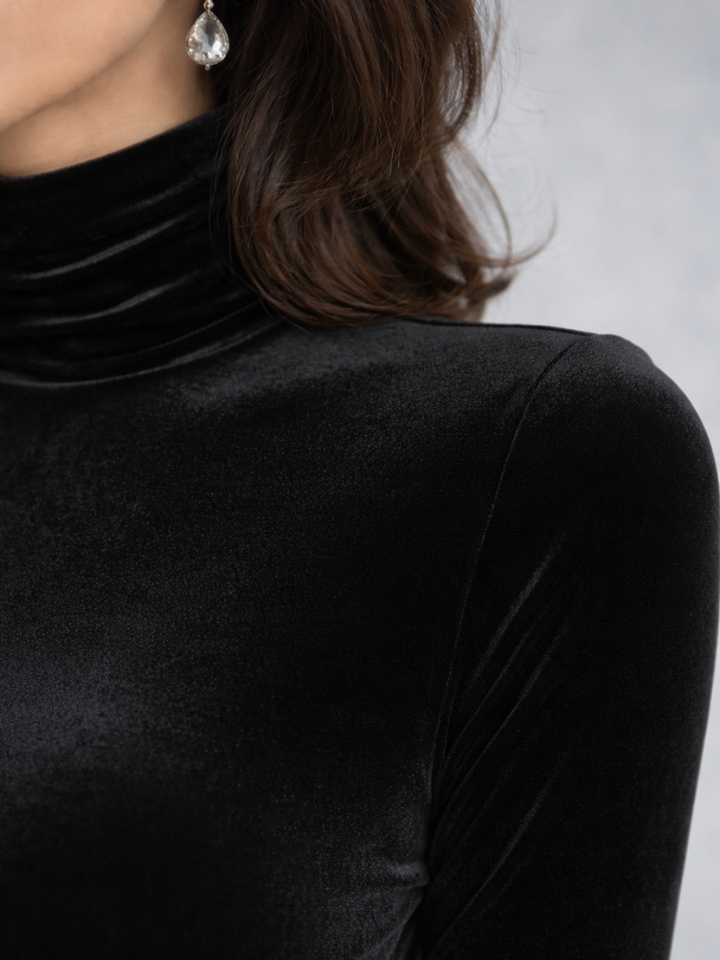 Women’s Velvet Midi Dress Ruched Detail and High Neckline 2