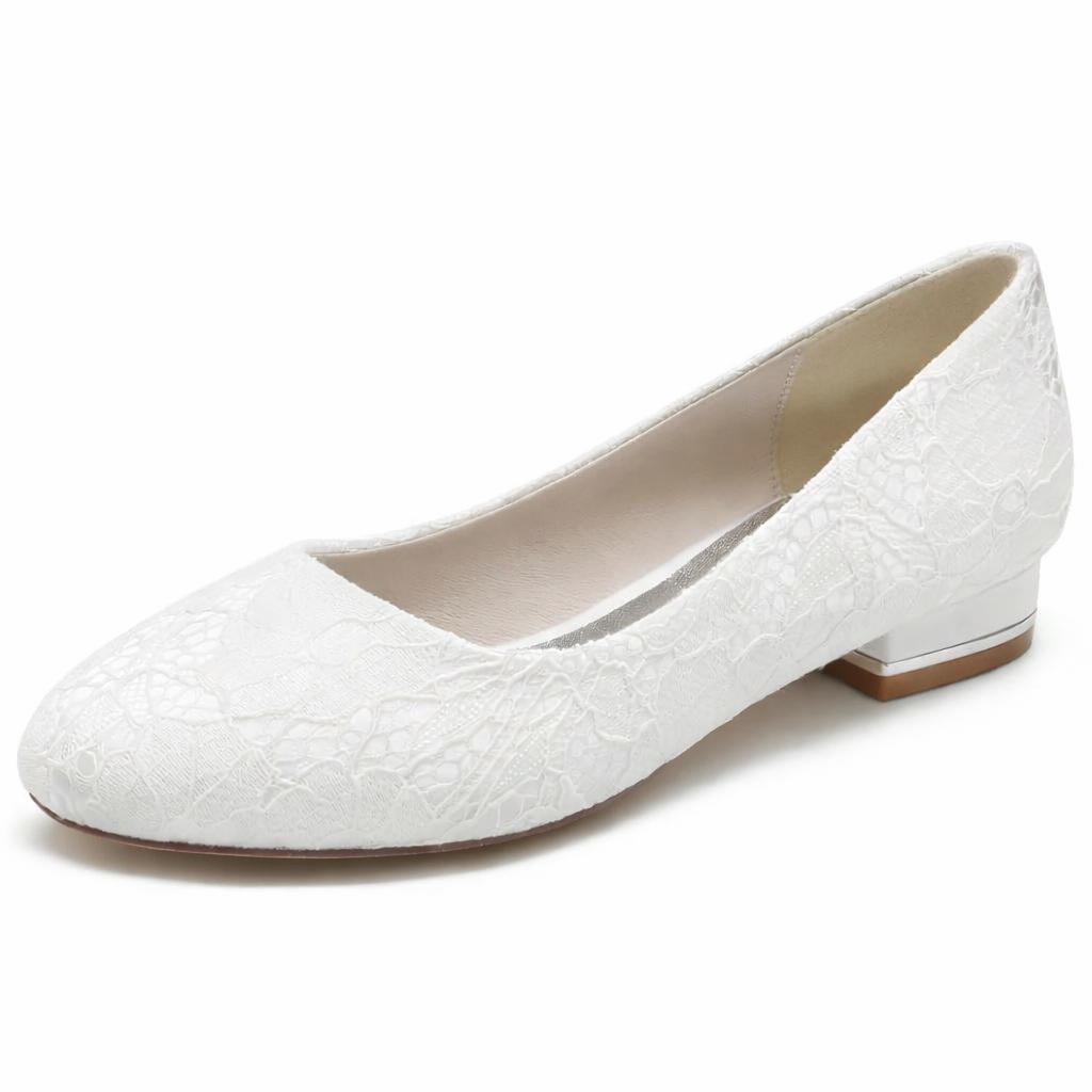 Women’s White Lace Bridal Flats Comfortable Round Toe Design 1