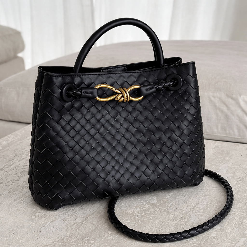 Women’s Woven Tote Bag Soft Vegan Leather Shoulder Style 2