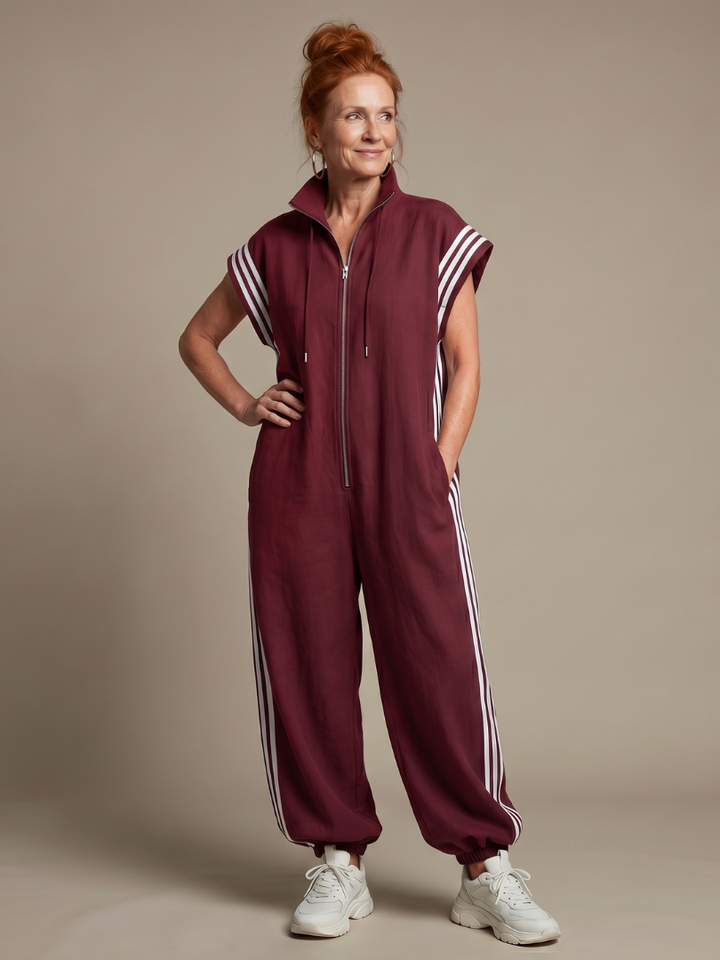 Women’s Zip Front Jumpsuit with Stripe Panel Detail 0