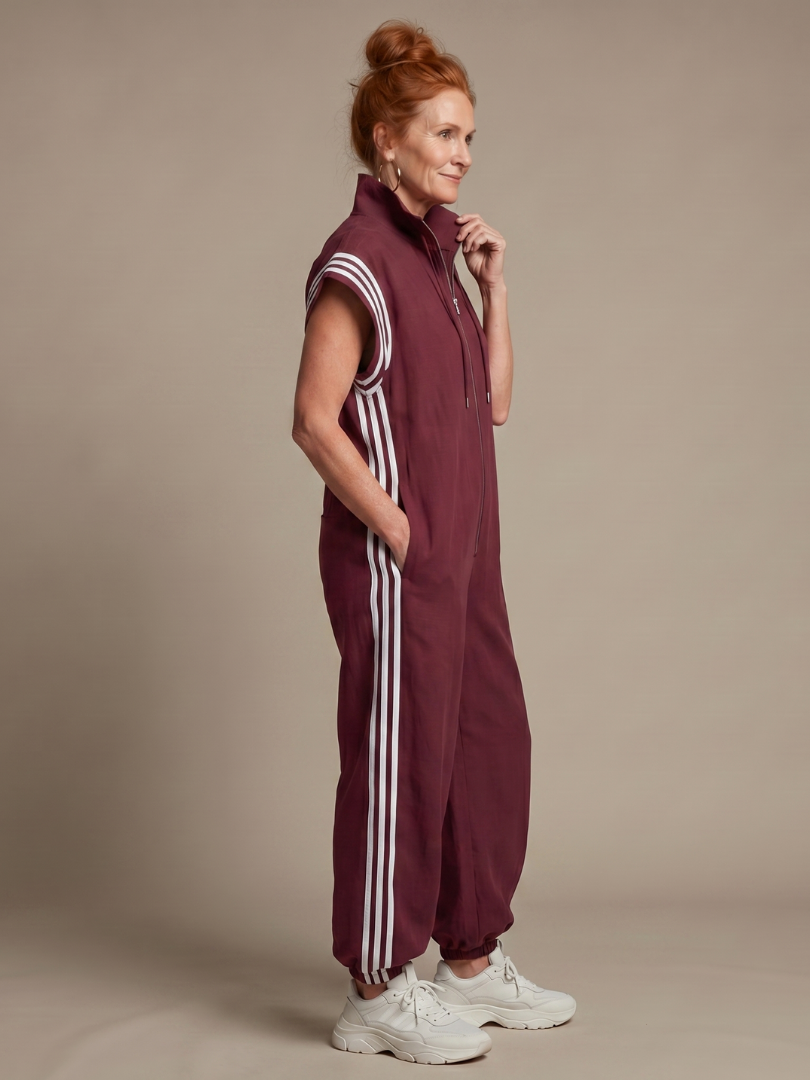 Women’s Zip Front Jumpsuit with Stripe Panel Detail 1