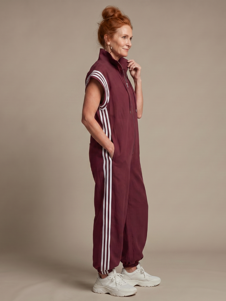 Women’s Zip Front Jumpsuit with Stripe Panel Detail 1
